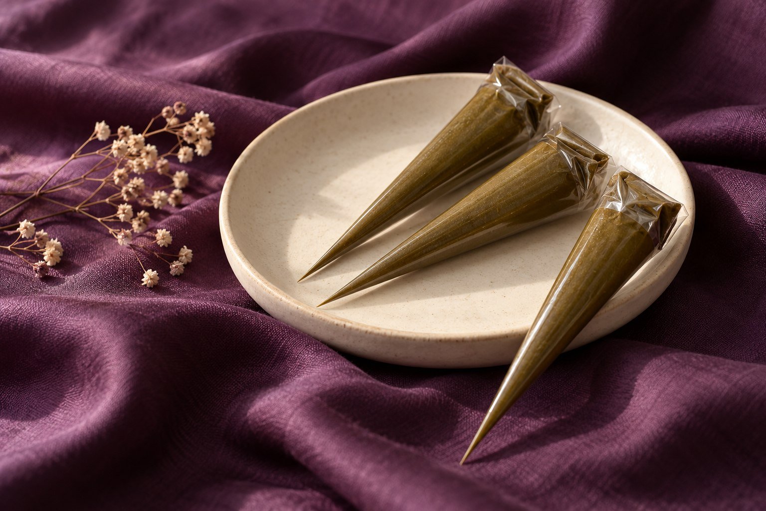 Illustrative henna cones arranged on an ivory plate with purple fabric